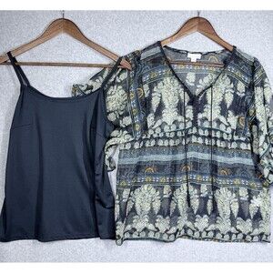 Westport 1962 Boho Style 2 pc. with Cami Shirt Med  Blue Floral Bell Sleeve